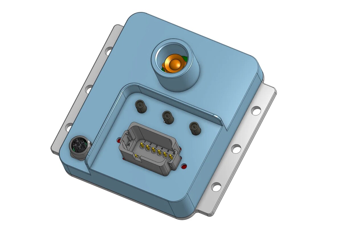 CAD render of the Open Weed Locator v3.0 module: a sealed ruggedised enclosure with camera port, power and I/O connectors and antenna ports