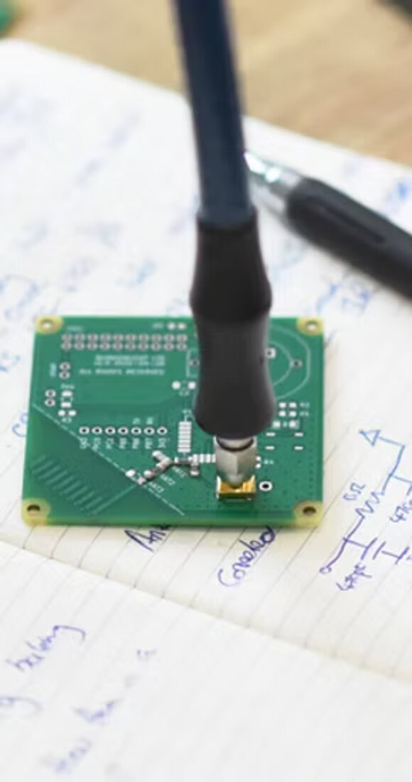 RF circuit board and antenna under test on a notebook of impedance-matching calculations in the BLINKENLIGHT lab